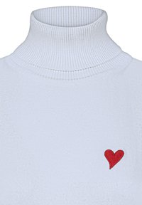 Valge ribakujuline kõrge kaelusega kampsun, mille vasakpoolses kyljes on väike punane tikand südame kujul. Pehme tekstuur ja sobiv disain.