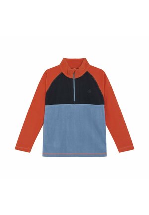 Pullover in pile con sezioni arancioni, blu e nere. Caratterizzato da un colletto rialzato, zip a quarto e dettagli di cucitura a contrasto.