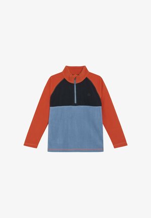 Pullover in pile con sezioni arancioni, blu e nere. Caratterizzato da un colletto rialzato, zip a quarto e dettagli di cucitura a contrasto.