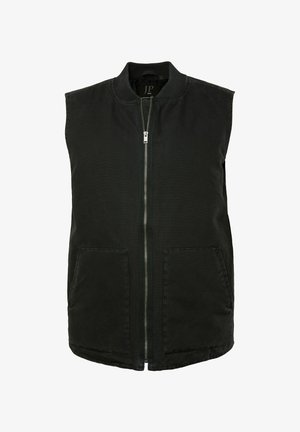 Zwarte mouwloze vest gemaakt van een katoenmix, met een rits aan de voorkant en twee voorzakken. Eenvoudig ontwerp met een ronde halslijn.