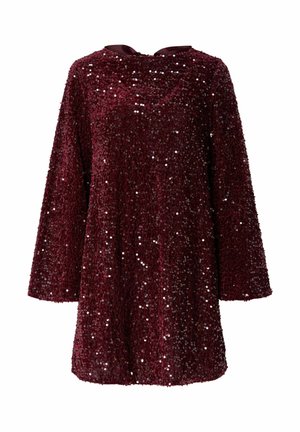 Bordeaux glinsterende jurk met een losse pasvorm, lange mouwen en een ronde halslijn. Textuur met reflecterende sequins over het hele oppervlak.