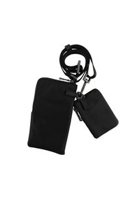 Czarna wielofunkcyjna torba z teksturowanej tkaniny, z zamkiem błyskawicznym, przymocowaną mniejszą torbą i regulowanym paskiem.