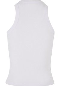 Top alb cu dungi, cu un design ajustat, bretele înguste și decolteu rotund. Textură netedă, fără modele sau accente vizibile.