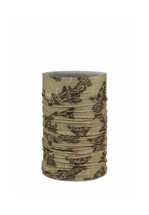 Beige multifunctional neck gaiter with dark brown abstract nature and animal patterns, including trees and fish outlines.