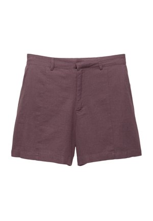 Mauve linen shorts with a tailored fit, featuring a front zipper, two side pockets, and a clean finish at the hem.
