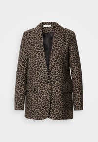 Leopardenmuster-Blazer aus strukturiertem Stoff, mit Reverskragen, einreihiger Knopfverschluss und zwei vorderen Taschen. Farbschema: braun und schwarz.