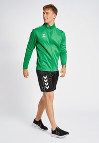 Veste de sport zippée verte, shorts noirs avec un motif en chevrons blancs, et chaussures de sport noires. Texture lisse, design ajusté.