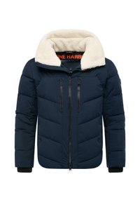 Giacca a giubbino blu navy con colletto in finta pelliccia, cerniere frontali e polsini a coste. Presenta un design trapuntato e un dettaglio con logo sul petto.