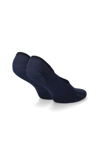 Granatowe skarpetki sięgające kostki, charakteryzujące się niskim krojem, ryflowaną strukturą oraz jasnoniebieskim wzorem w kropki na palcach. Miękki, elastyczny materiał z wzmocnioną piętą.