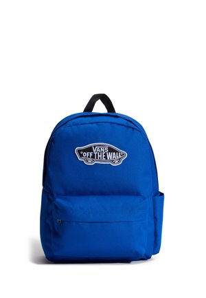 Zaino Vans blu con tasca frontale con cerniera, manico nero e patch logo Vans "Off The Wall" sulla parte anteriore superiore.