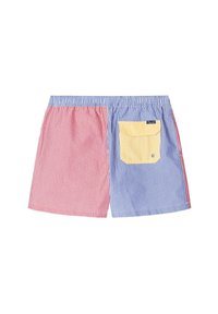 Costumi da bagno a righe con strisce verticali rosse e blu, con una tasca gialla sul lato destro e una cintura elasticizzata.