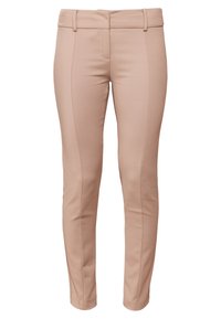 Slim-fit broek van beige stof, met een gladde textuur, een tailleband met riemlussen en voornaadverbindingen voor extra detail.
