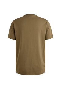 Kurzärmliges Rundhals-T-Shirt aus olivgrünem Stoff, mit normaler Passform und glatter Textur, geradem Saum und ohne sichtbare Verzierungen.