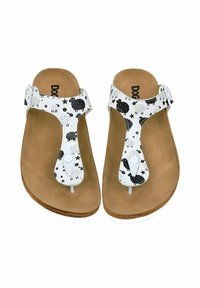 White thong sandals with black sheep and star pattern; cushioned tan footbed, white accents, and adjustable strap for secure fit.