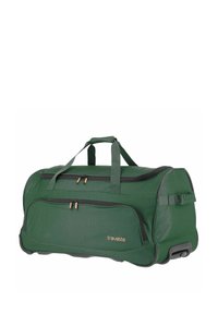 Groene rollende reistas met twee ritszakken, zwarte accenten, duurzame stof en twee handgrepen aan de bovenkant voor gemakkelijk dragen.