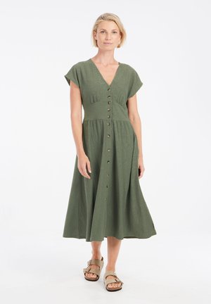 Olive green, knee-length dress with a V-neck, short sleeves, and button closures down the front. Made from textured fabric, flared skirt.