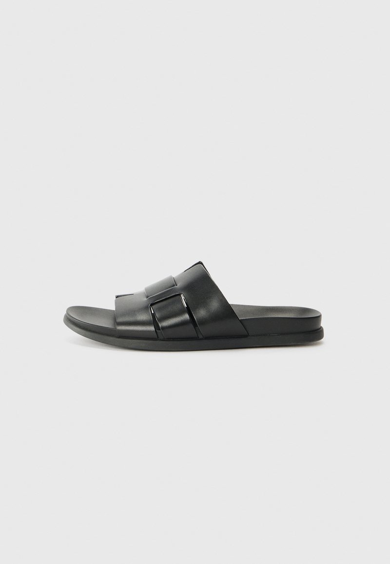 Black slip-on sandals with two wide straps featuring a glossy finish and rectangular accents. Smooth sole and simple, rounded design.
