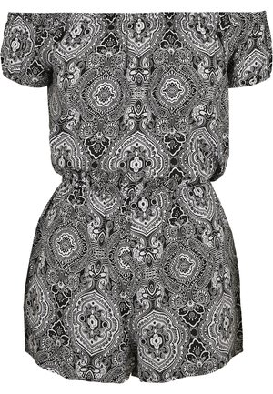 Sort-hvide mønstrede off-the-shoulder romper med elastisk talje og korte ben, der har intrikate blomster- og paisleydesigns.