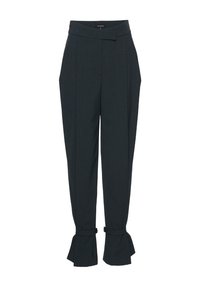 Pantaloni negri cu talie înaltă, cu o croială ajustată, față pliată și manșete cu volan, având accente cu butoane mici pe tiv.