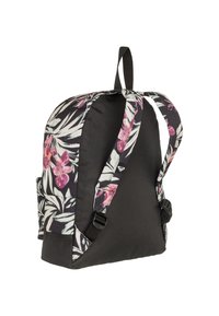 Sac à dos avec un corps noir et un imprimé floral comportant des fleurs roses et blanches. Bretelles ajustables et poche latérale avec un détail en maille.