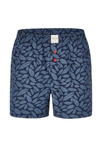 Costumi da bagno blu con motivo a foglie, cintura elastica e due bottoni rossi sul fronte. Tessuto morbido.