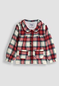 Ein rot, grün und weiß kariertes Hemd mit Rundkragen, zwei frontalen Taschen und elastischen Ärmeln, aus weichem Stoff gefertigt.