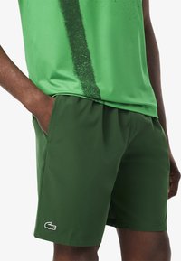 Pantalones cortos deportivos verdes hechos de un tejido ligero, con un diseño liso, bolsillos laterales y un pequeño logo bordado en el dobladillo.