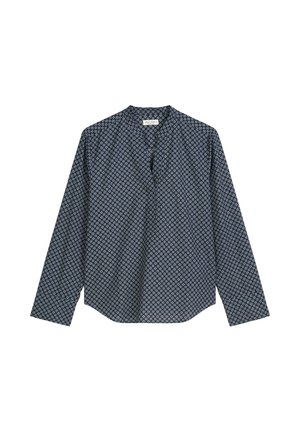 Langärmliges Hemd aus marineblauem Stoff mit einem kleinen, sich wiederholenden blauen Blumenmuster. Verfügt über einen Kragen und einen geraden Saum.