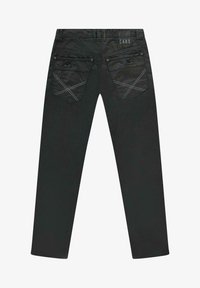 Zwarte spijkerbroek met een rechte pasvorm, voorzien van twee achterzakken met knoopsluitingen en contrasterende stikseldetails.