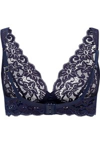 Námořnická krajková podprsenka s hlubokým výstřihem, květinovým vzorem, vlnitými okraji a nastavovacími ramínky s háčkovým zapínáním na zadní straně.