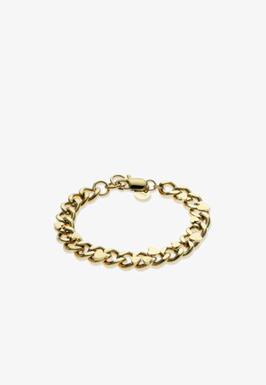 Bracelet chaîne en or avec des maillons en forme de cœur, une texture lisse et un fermoir-griffe avec une petite étiquette.