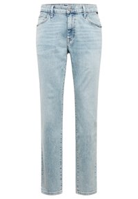 Jeans de mezclilla azul claro con corte recto. Sus características incluyen bolsillos frontales, un cierre de botón y un ligero desgastado para dar textura.