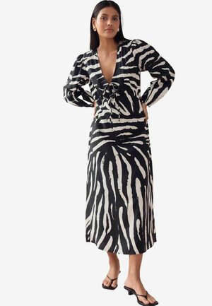 REGULAR FIT - LONG SLEEVE TIE FRONT MIDI  - Day dress - black white zebra print