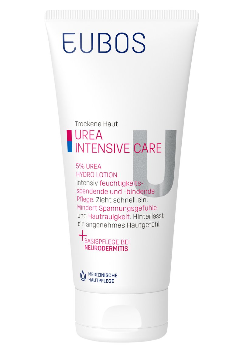 Urea Intensive Care lotion in a white tube with blue and pink accents. Contains 5% urea, labeled for dry skin, with clinical care notes.