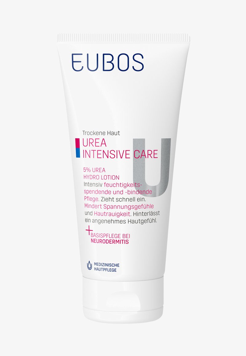 Urea Intensive Care lotion in a white tube with blue and pink accents. Contains 5% urea, labeled for dry skin, with clinical care notes.