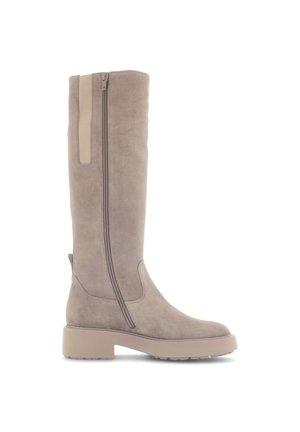 Knee-high beige suede boots featuring a side zipper, light brown chunky sole, and smooth texture with a contoured design.