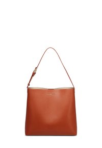 Braune Leder-Schultertasche mit glatter Textur, einem verstellbaren Riemen, minimalistischer Gestaltung und einem dezenten Logo auf der Vorderseite.