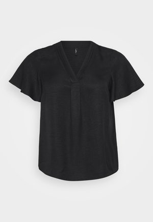 Black short-sleeve top with a V-neckline, featuring a subtle texture and a loose, relaxed fit. No prominent patterns or accents visible.