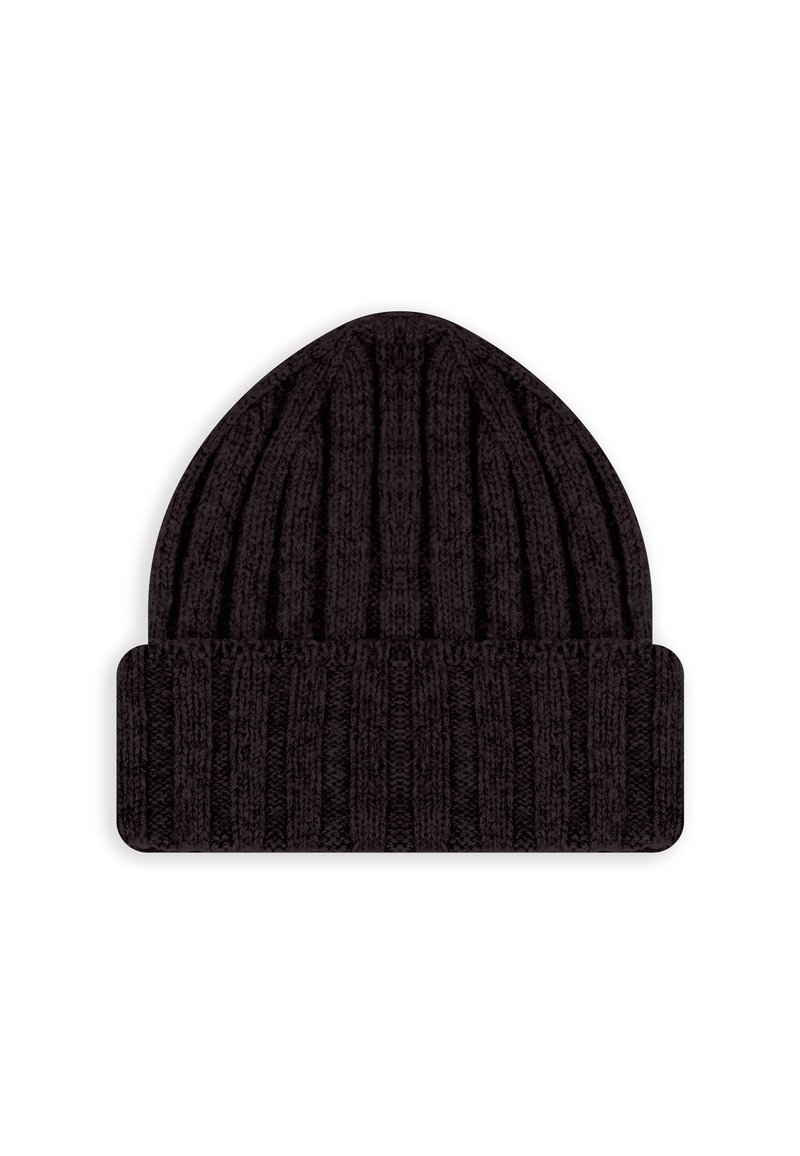 Zwarte gebreide muts met een geribbelde structuur, voorzien van een omgeslagen boord en een verlengde vorm, gemaakt van zachte, rekbare stof.