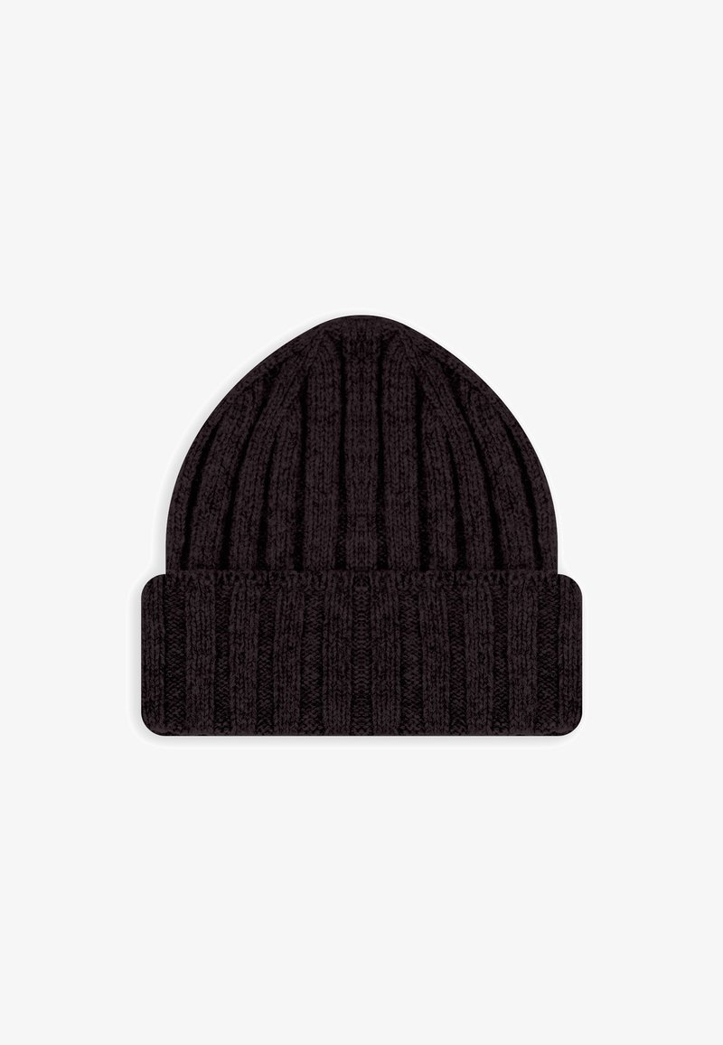 Zwarte gebreide muts met een geribbelde structuur, voorzien van een omgeslagen boord en een verlengde vorm, gemaakt van zachte, rekbare stof.