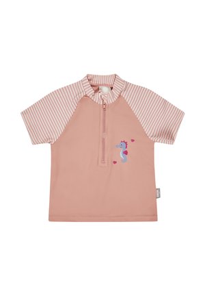 Kurzärmeliges rosa Rashguard für Kleinkinder mit gestreiften Ärmeln, Frontreißverschluss und kleinem Seepferdchen-Design mit Herzakzenten auf der Vorderseite.