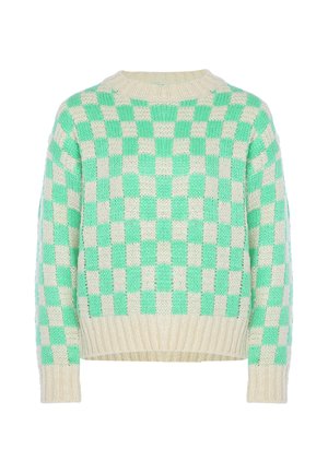 Langærmet strikket sweater med et grønt og cremefarvet ternet mønster samt ribstrikkede manchetter, kant og halsudskæring.