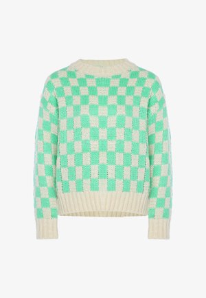 Langærmet strikket sweater med et grønt og cremefarvet ternet mønster samt ribstrikkede manchetter, kant og halsudskæring.