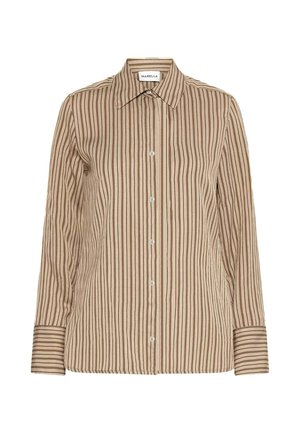 Beige lange mouwen overhemd met knopen, verticale bruine strepen, puntige kraag en contrasterende horizontaal gestreepte manchetten.