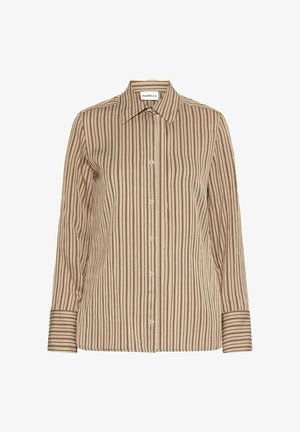 Beige lange mouwen overhemd met knopen, verticale bruine strepen, puntige kraag en contrasterende horizontaal gestreepte manchetten.