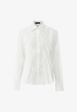 Weißes Langarmhemd mit Kragen, das vertikale Plisseefalten auf der Vorderseite und einen Knopfverschluss aufweist, gefertigt aus glattem Stoff.