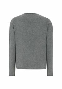 Grijze langwerpige mouwshirt met een ronde halslijn, gemaakt van zacht, lichtgewicht materiaal; heeft een eenvoudig ontwerp en platte naden.