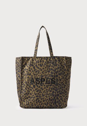 Tas met bruine en zwarte luipaardprint en zwart "ASPES"-logo, voorzien van twee lange hengsels om te dragen.