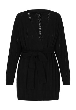 Cardigan noir en tricot avec un décolleté en V plongeant, des manches longues et une ceinture à nouer. Présente une texture en côtes verticales et des détails de points ajourés.