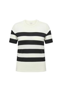 T-shirt a righe bianca e nera, con maniche corte, girocollo e una trama morbida in maglia con righe orizzontali regolarmente distanziate.